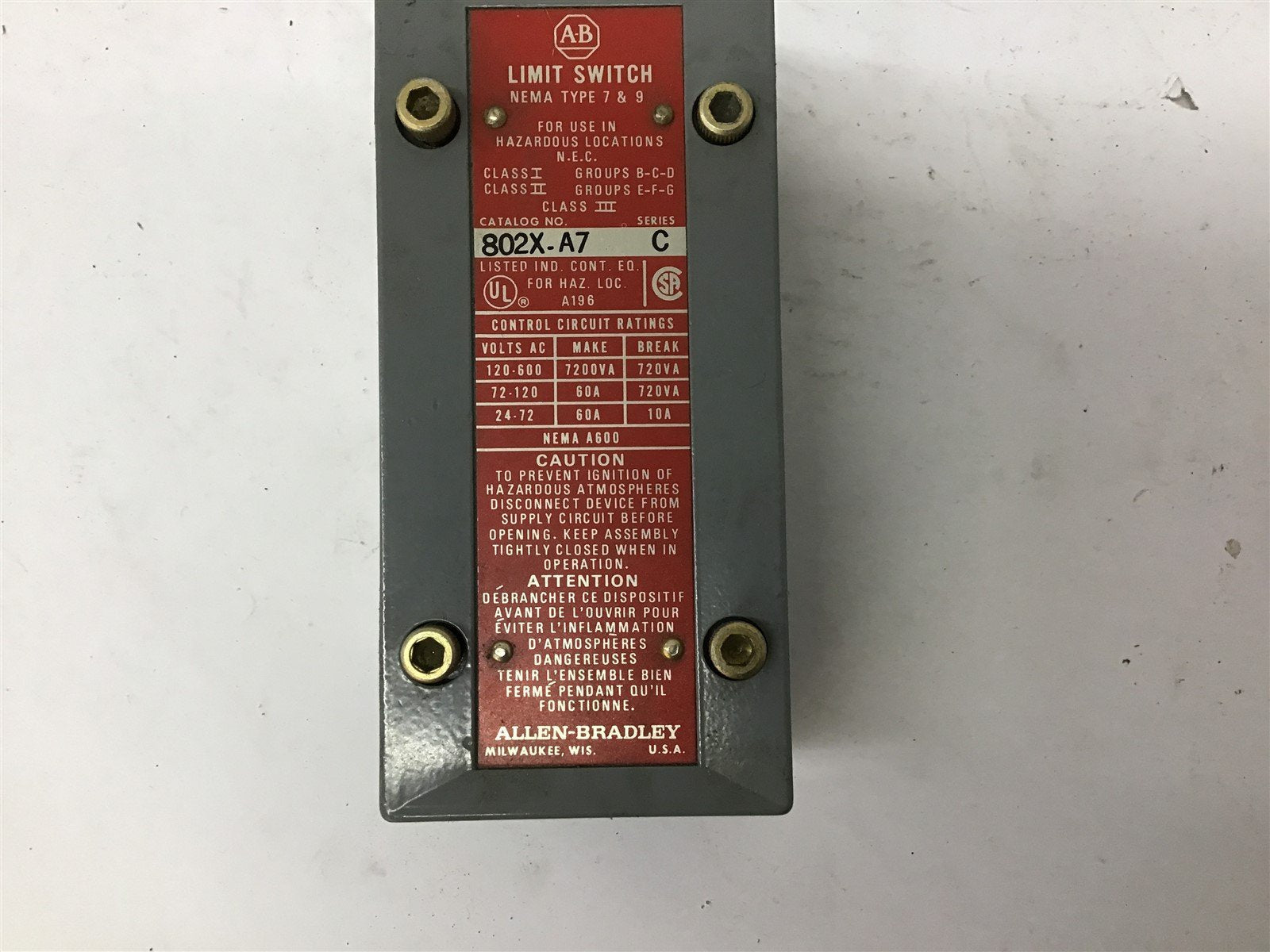 Allen-Bradley 802X-A7 Limit Switch NEMA Type 7 and 9