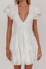 Irenna Ruffle Sleeve V-Neck Mini Dress Textured White