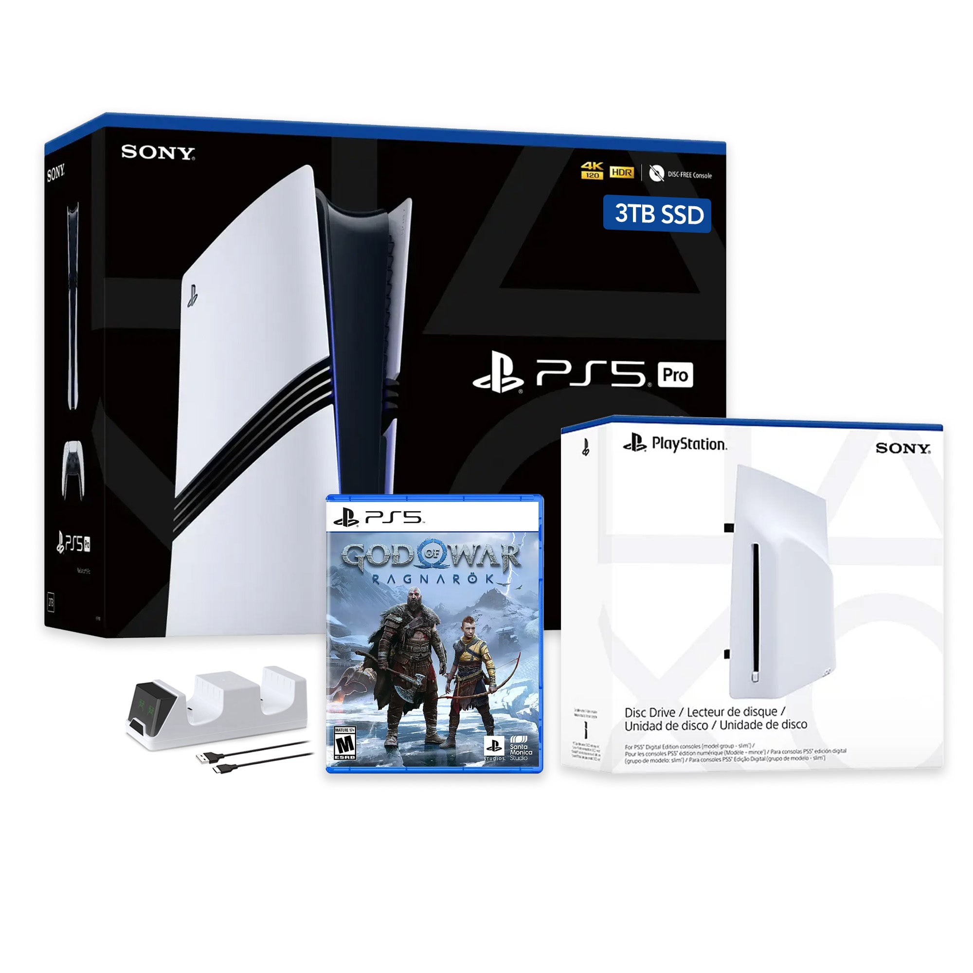 PlayStation 5 Pro 3TB SSD Console with Disc Drive, Wireless Controller and Charger, God of War Ragnarok - CFI-7019 PS5 Pro