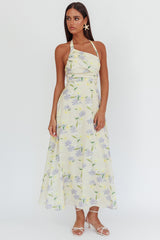 Auriana Asymmetric Neckline Halter maxi Dress Floral Lemon