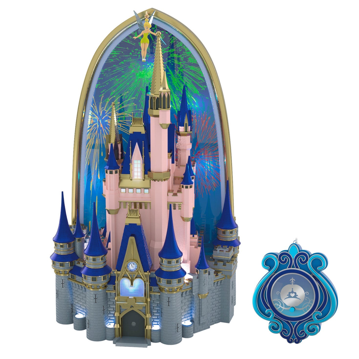 Fantasy castle model with blue spires and a smaller clock face model on a white background