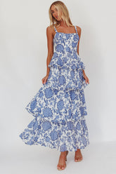 Provence Bloom Tiered Maxi Dress Floral Blue