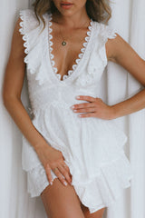 Charade Ruffle Shoulder Corset Back Eyelet Dress White