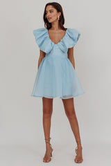 Kahlo Ruffle Neckline Mini Dress Blue
