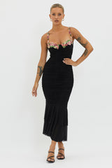 Rose Garden Ruched Mesh Midi Dress Black