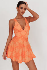 Lavalle Criss-Cross Floral Embellished Mini Dress Orange