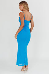 Morella Ruched Waist Mesh Maxi Dress Blue