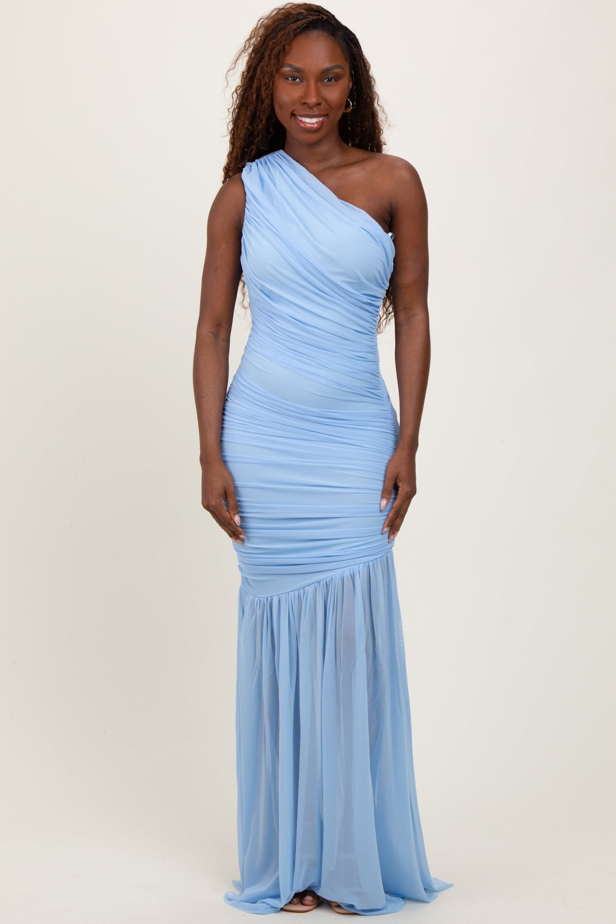 Light Blue Ruched Mesh One Shoulder Maxi Dress