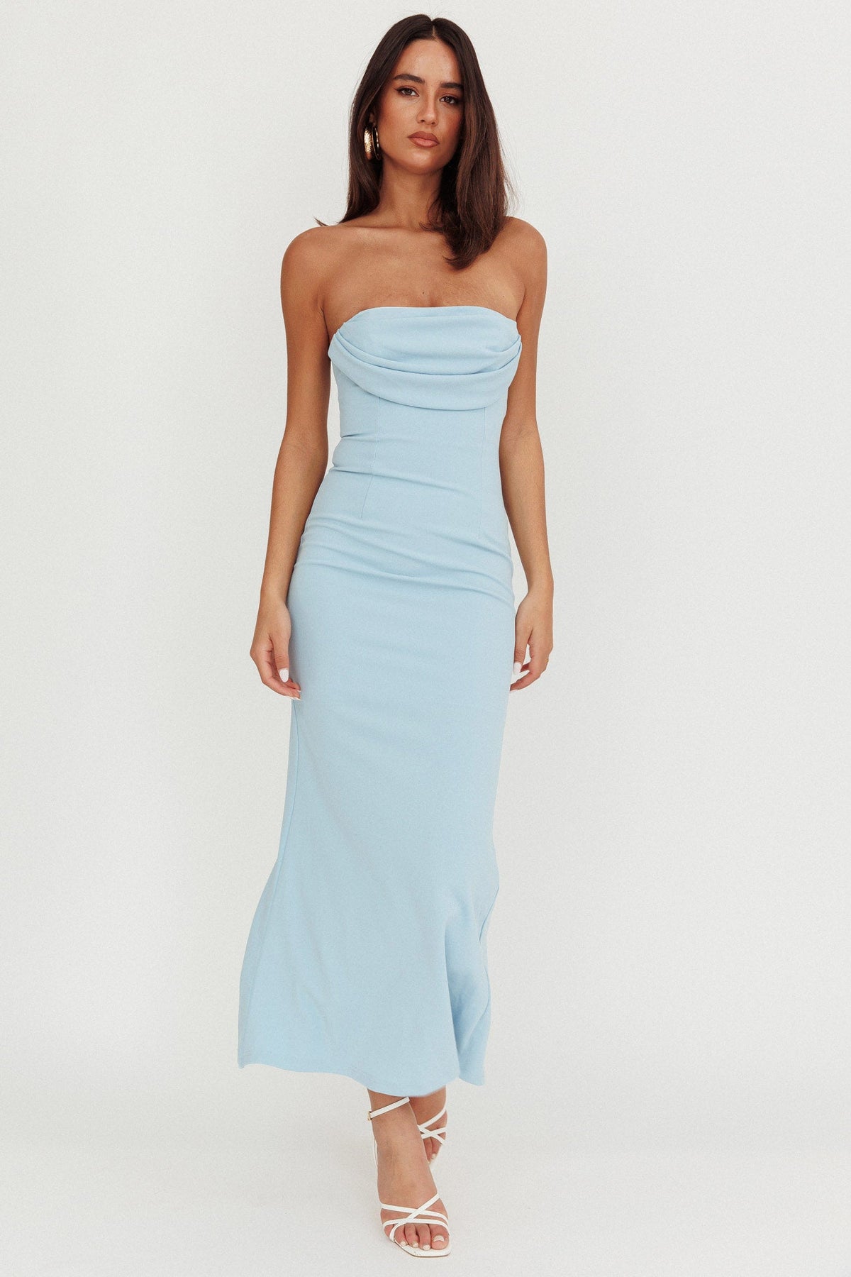 Well Versed Strapless Pleat Bust Maxi Dress Blue