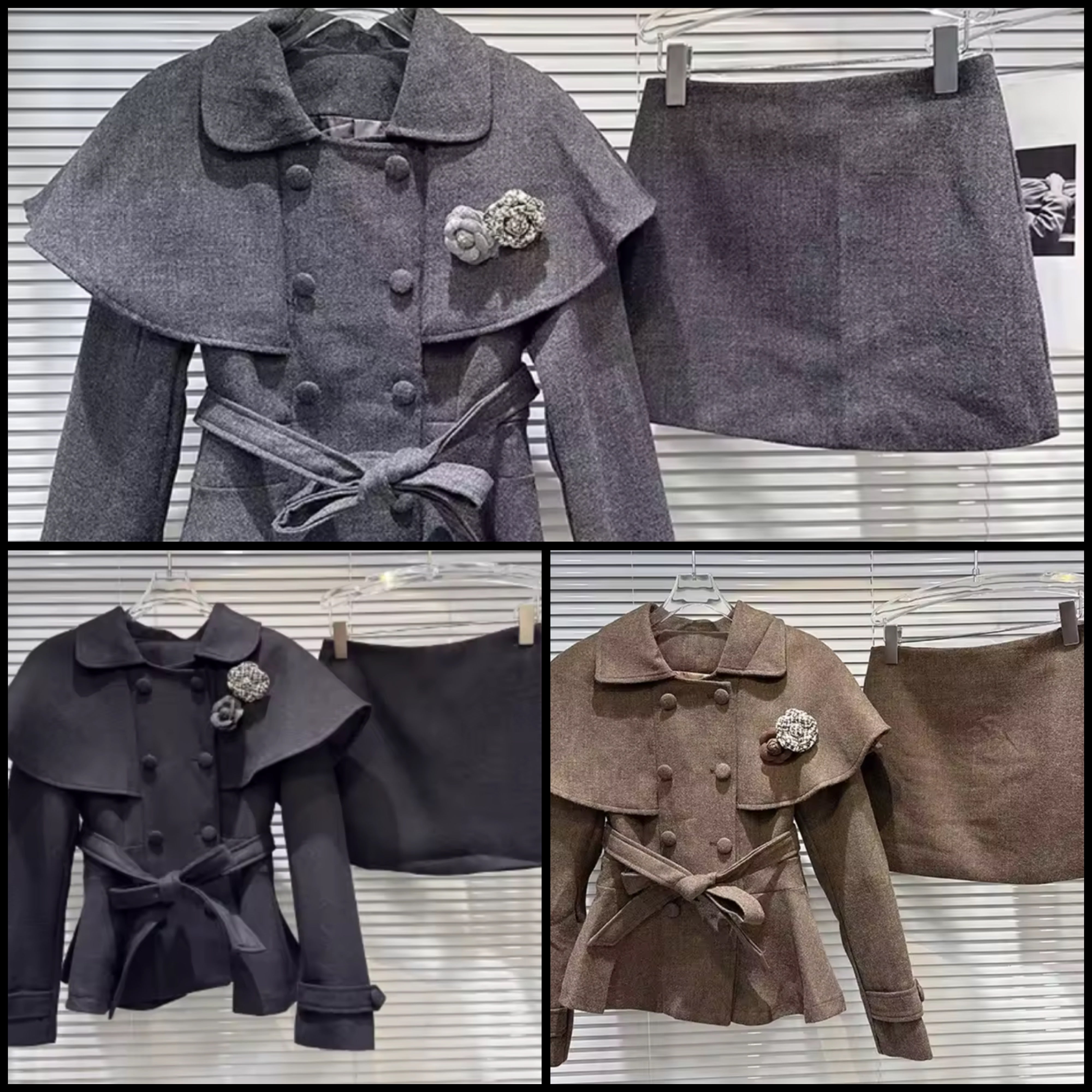 Women Fashion Bling Pin Button Up Jacket Two Piece Skirt Set