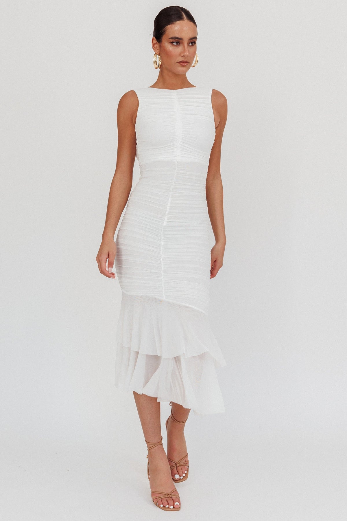 Nadia Sleeveless Ruched Midi Dress White
