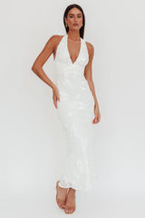 Cipriana Backless Halter Maxi Dress Embellished White