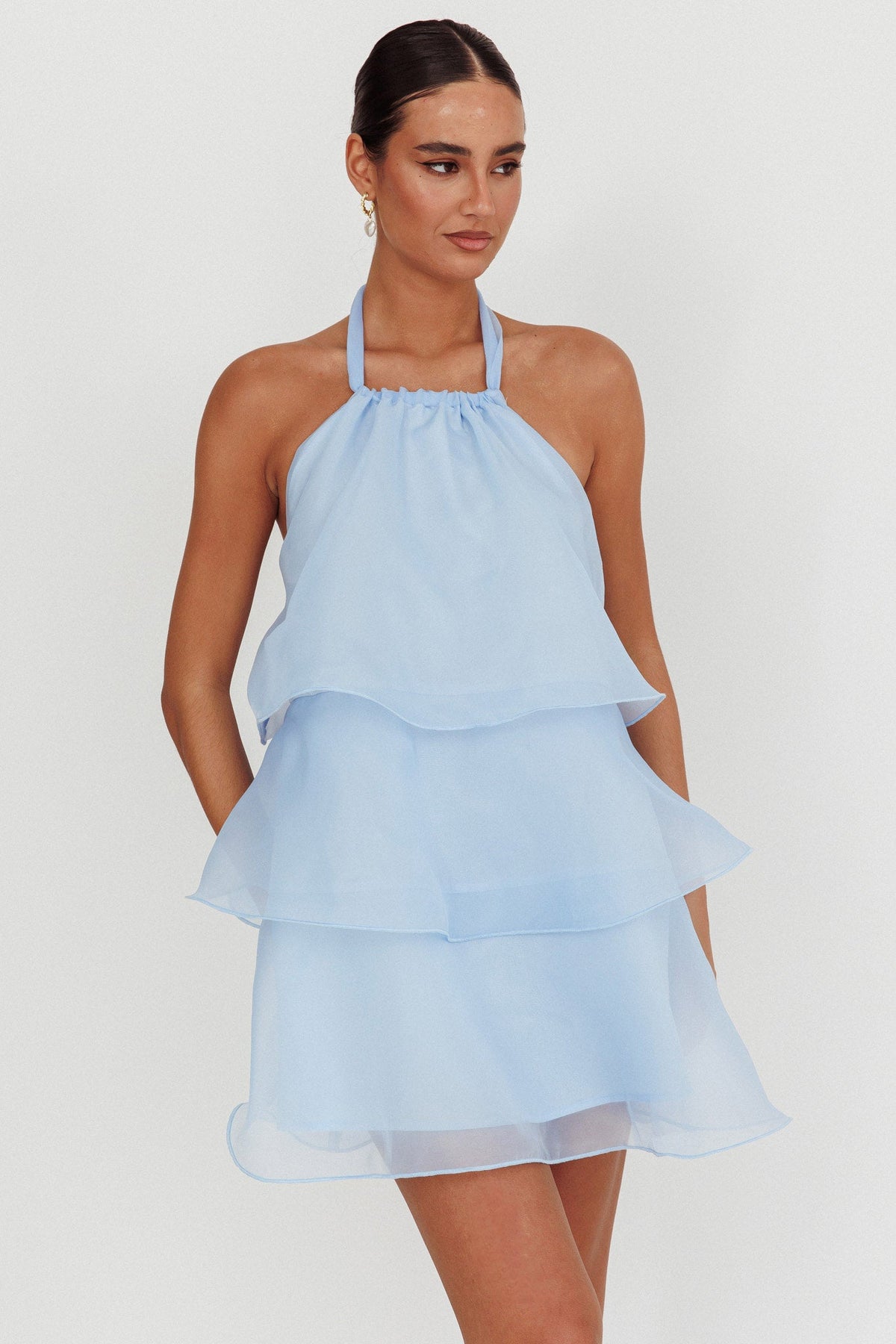 Tulips Tiered Halterneck Mini Dress Baby Blue