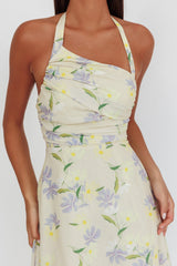 Auriana Asymmetric Neckline Halter maxi Dress Floral Lemon