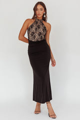 Lovelight Lace Bodice Halter Maxi Dress Black