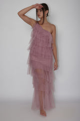 Arrabel Tiered Ruffle Tulle Maxi Dress Plum