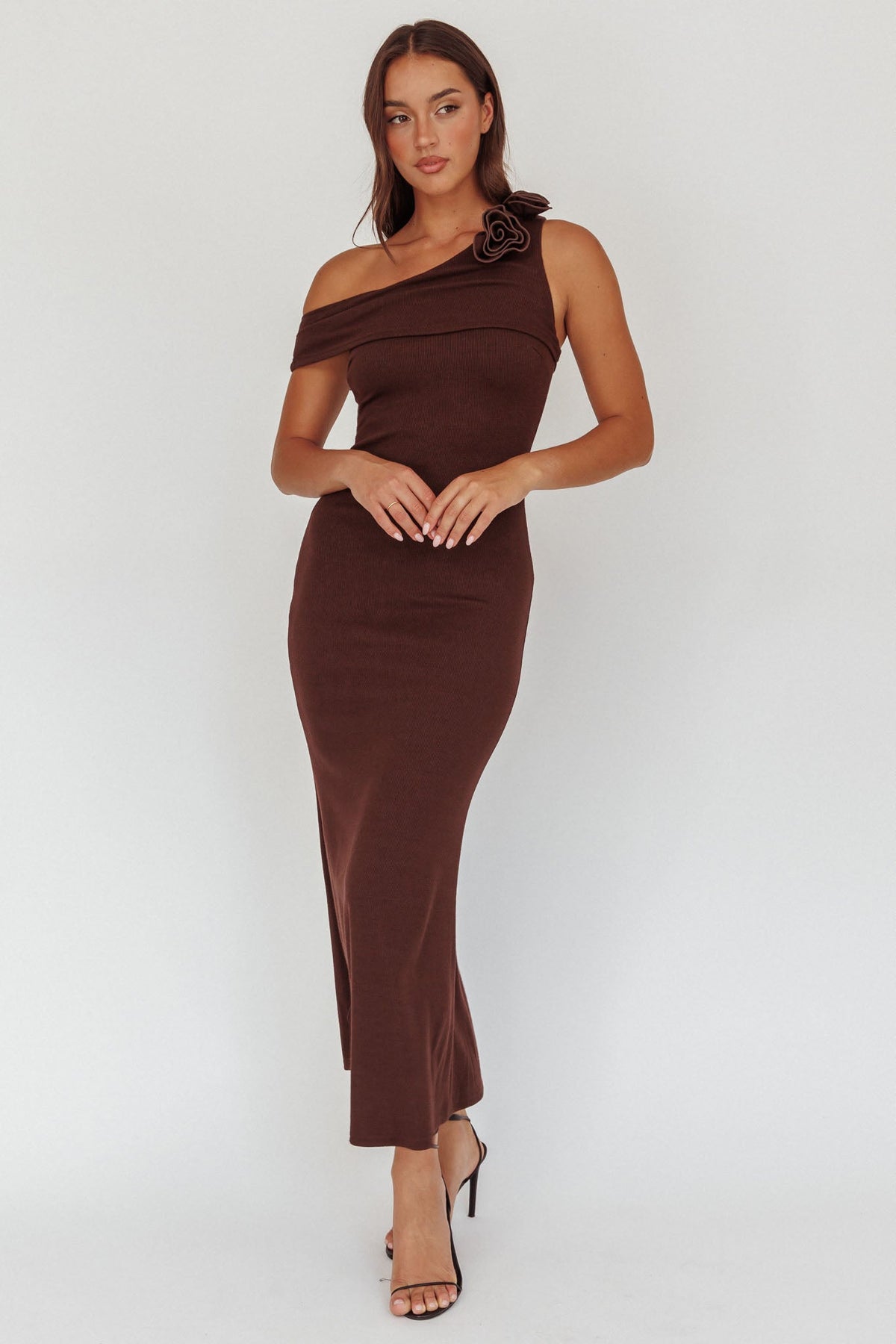 Mazon One-Shoulder Knit Maxi Dress Chocolate