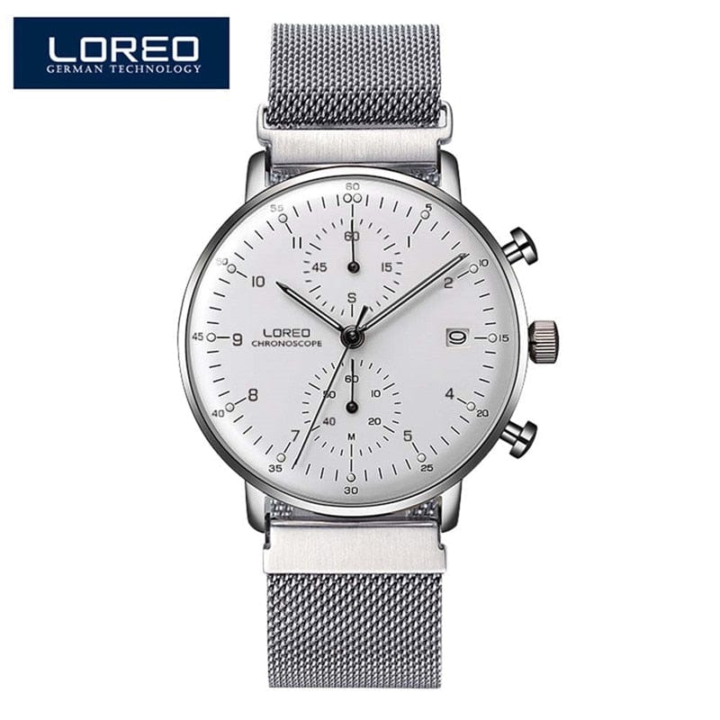 LOREO Luxury Brand Silver Steel Quartz Men Steel Watch Waterproof 50M Luminous Watches Calendar Watch