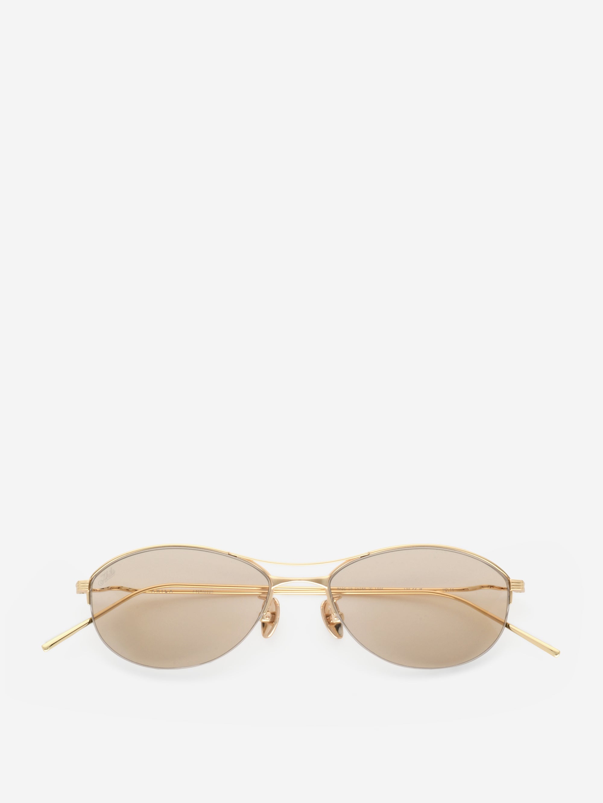 The AKILA Helix - Gold / Khaki sunglasses by AKILA feature an oval shape, gold-tone frame, slim arms, and khaki-tinted lenses, displayed on a plain white background.