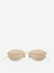 The AKILA Helix - Gold / Khaki sunglasses by AKILA feature an oval shape, gold-tone frame, slim arms, and khaki-tinted lenses, displayed on a plain white background.