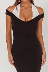 Tyla Contrast Mesh Halter Midi Dress Black