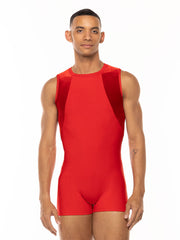 Eleve Dancewear Adam Biketard in Red Velvet print color, front view
