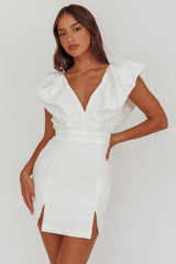 Liardon Bubble Sleeve V-Neckline Mini Dress White