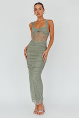 Oliana Embroidered Mesh Midi Dress Fern