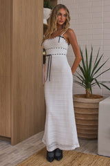 Delicate Femme Knit Ribbon Trim Maxi Dress White