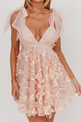 Chantilly Tied Shoulder Mini Dress Floral Embellished Pink