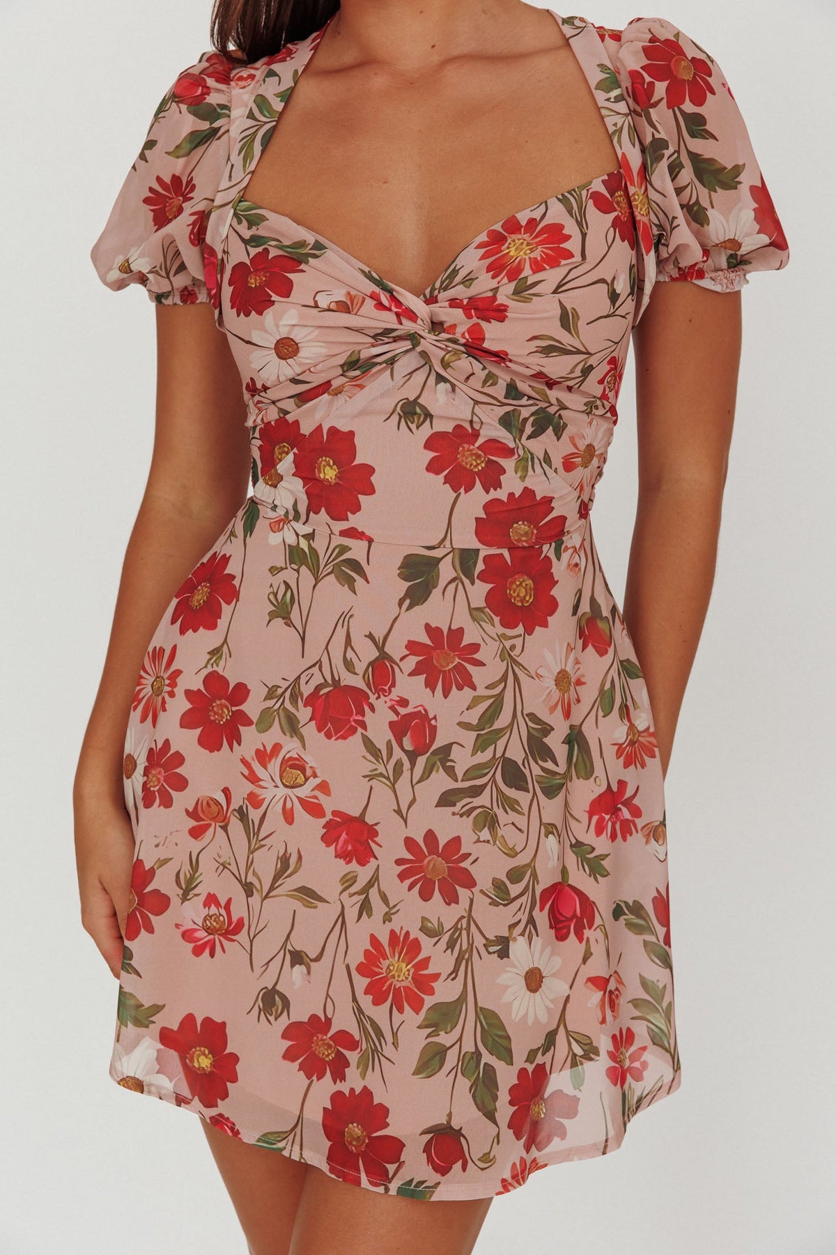Dillon Twist Bust Mini Dress Floral Beige