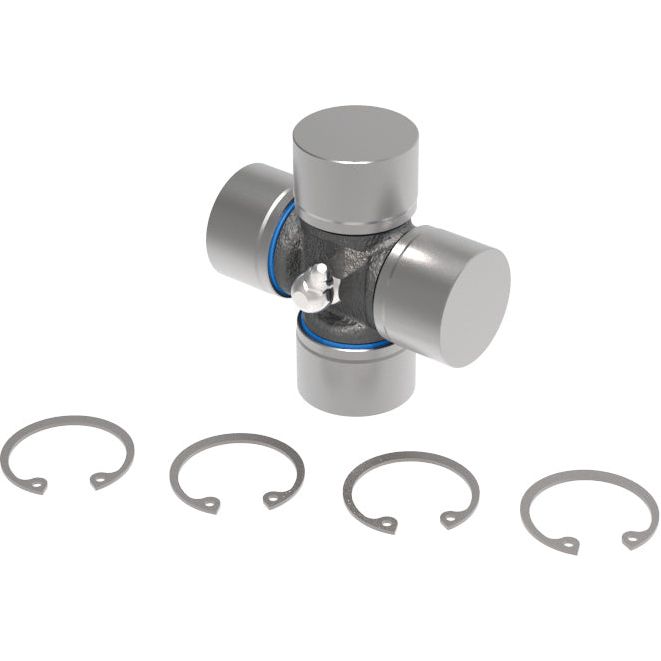 An image of a Sparex Weasler Universal Joint - 36 x 89mm (Standard Duty), featuring three pairs of snap rings meticulously arranged in front of it.
