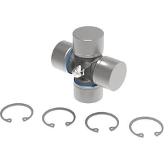 An image of a Sparex Weasler Universal Joint - 36 x 89mm (Standard Duty), featuring three pairs of snap rings meticulously arranged in front of it.