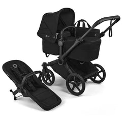 Bugaboo Donkey 6 complete stroller in black/heritage black, featuring a bassinet, seat and storage basket.