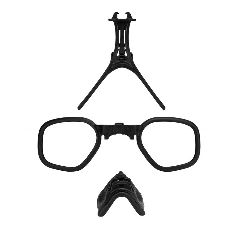 Black Oakley SI Rx-Carrier kit for Ballistic M Frames, featuring a prescription lens insert, nose piece, and support bracket.
